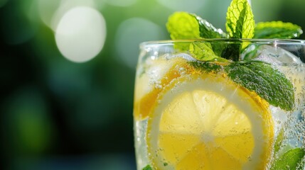 Refreshing Lemon Mint Fizz Drink in Glass Closeup Photography Summer Beverage