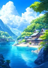 Naklejka premium A verdant mountain with a river flowing through it and a distant village, under a cloudy sky that creates a tranquil and serene ambiance