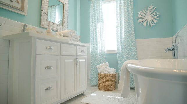 coastal themed bathroom renovation featuring bright and airy design with white cabinetry, turquoise walls, and natural