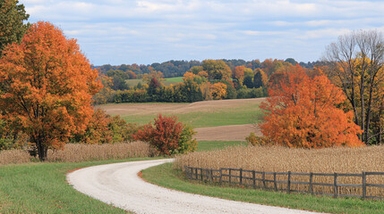 A winding gravel path leads through a vibrant autumn landscape, featuring colorful trees and open fields under a partly cloudy sky.
