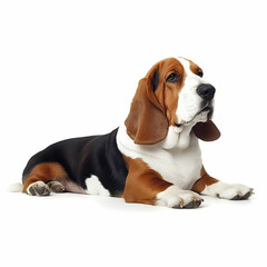 Adorable Basset Hound Dog Lying Isolated on White Photo