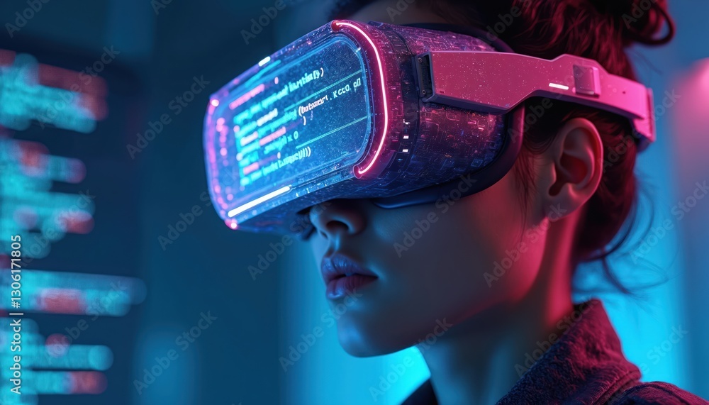 Aufkleber woman wearing vr glasses with programming code on screen. metaverse concept. female works with augme