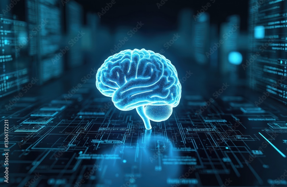 Aufkleber 3D brain model on computer screen. Artificial intelligence concept. Neural network. Machine learning. AI digital brain on circuit board background with blurred tech city. Modern technologies mind