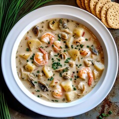 A rich and creamy seafood chowder with tender shrimp, clams, and potatoes