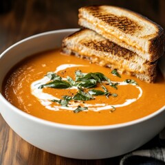 A rich and creamy tomato bisque with a smooth texture, served in a white bowl with a side of grilled cheese sandwich, Soup centered