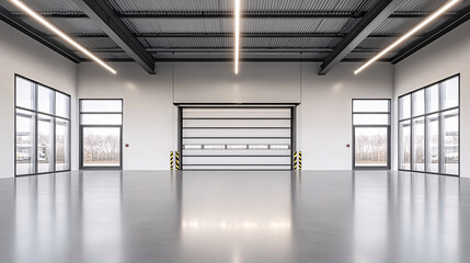 A spacious and modern industrial interior with large windows, a high ceiling, polished floor, and a roll-up door, creating a bright and open atmosphere.