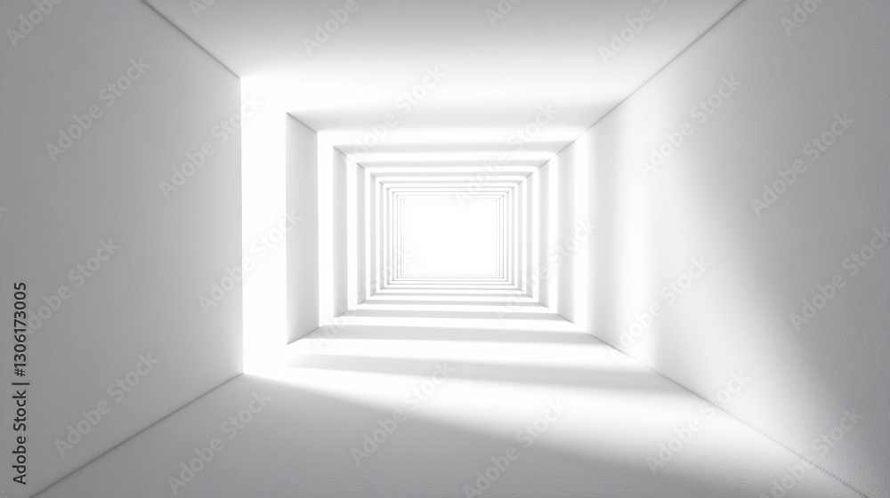 Poster a minimalist perspective of a bright, square tunnel with a glowing center, emphasizing light and dep
