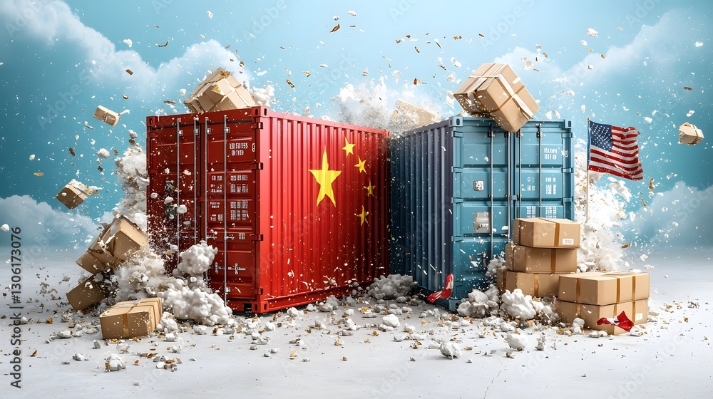 Poster dramatic collision between a red shipping container with the chinese flag and a blue shipping contai