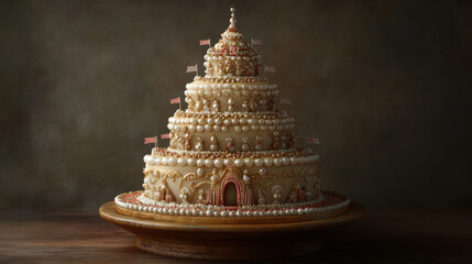 A stunning handcrafted birthday cake shaped like a magical palace, decorated with shimmering edible pearls and intricate fondant details, topped with tiny edible flags
