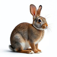 Rabbit isolated on transparent background. Brown hare with fluffy fur sitting. Small cute furry domestic rodent. Farm animal with long ears. Forest game studio pet for Easter holiday season.
