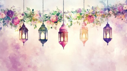 Festive floral lanterns hanging, pastel background, Ramadan greeting