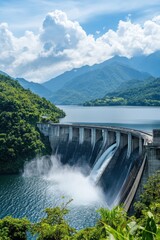 Fototapeta premium Majestic Dam Overlooking Serene Mountain Lake: A Breathtaking View of Hydroelectric Power