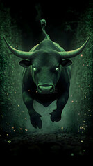 Naklejka premium Pixelated Green Bull Running In Dark Forest Digital Art Illustration