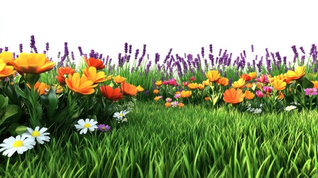 Vibrant wildflowers bloom in grassy field, isolated, spring background, website design