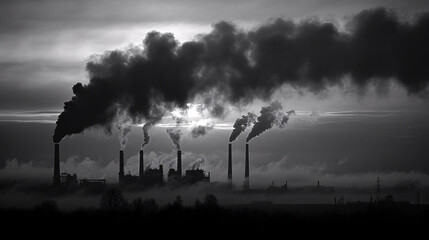 A stark black-and-white image depicting industrial smokestacks emitting thick smoke against a cloudy sky, symbolizing pollution and environmental impact.