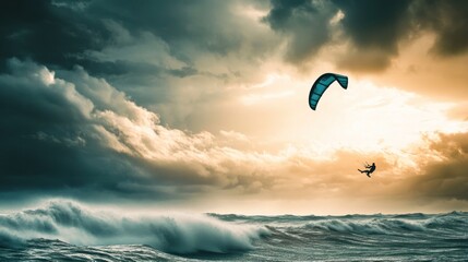 Kitesurfer soaring ocean sunset storm dramatic waves