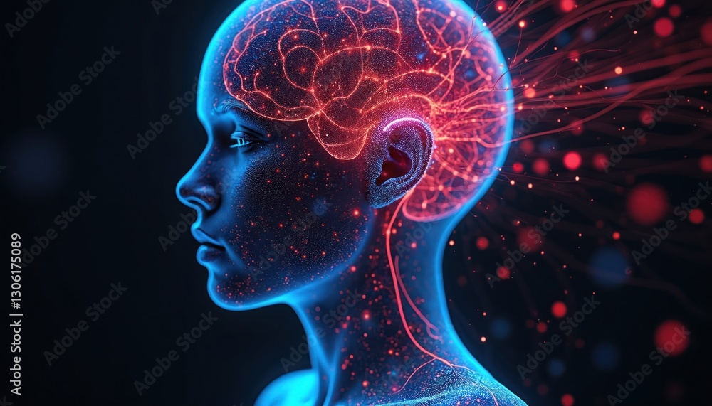 Poster Head silhouette with glowing neural network, brain activity. Mindset, consciousness concept, artificial intelligence. Digital human, futuristic tech visualization. Brainwaves scan, mind uploading,