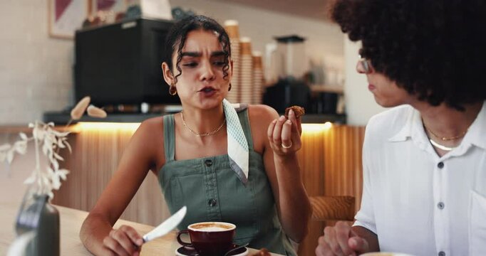 Friends, woman and eating cake in cafe for taste test, dessert approval and new flavor discussion. Local support, people and bonding in coffee shop with meal sharing and delicious chocolate treat