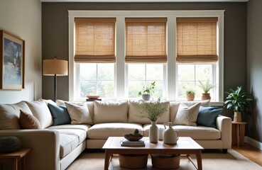 Living room showcases woven wood shades filtering natural light, paired with neutral tones, cozy sofa, plants. Interior design blends nature, comfort, creating inviting ambiance.