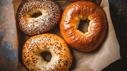 An overhead horizontal of three assorted bagels