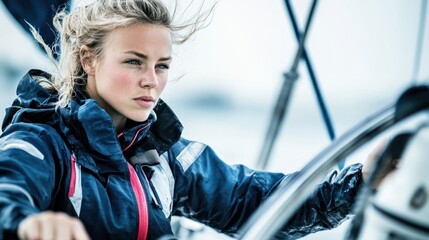 Young woman sailing yacht, ocean, wind, determined expression, nautical adventure
