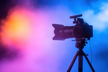 Camera on tripod against clear blue sky background for photography and videography projects and equipment use