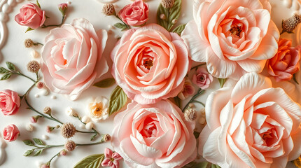 A close-up of a cake decorated with pink and white frosting roses, green leaves, and small floral accents, creating a delicate and elegant design.