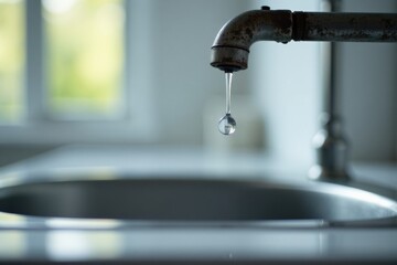A single drop of water hangs suspended from an aged metal faucet, poised above a gleaming sink basin