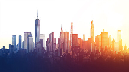 Obraz premium A stunning skyline silhouette showcases iconic skyscrapers against a vibrant sunset, symbolizing urban life and architectural beauty.