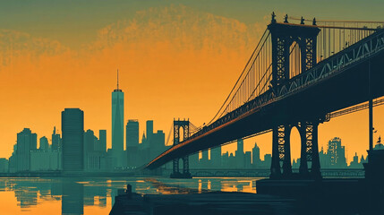 Naklejka premium A stunning silhouette of a city skyline at sunset, featuring a prominent bridge and reflecting waters, creating a serene urban scene.