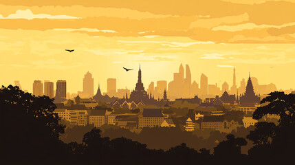 Naklejka premium A vibrant sunset silhouette of a city skyline featuring traditional architecture against a golden sky.