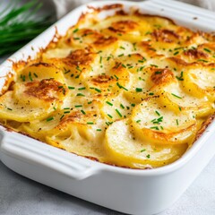 A savory and crispy potato gratin with layers of thinly sliced potatoes, cheese, and a creamy sauce