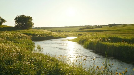 Calm river flows through sunny meadow, sunset backdrop, nature serenity