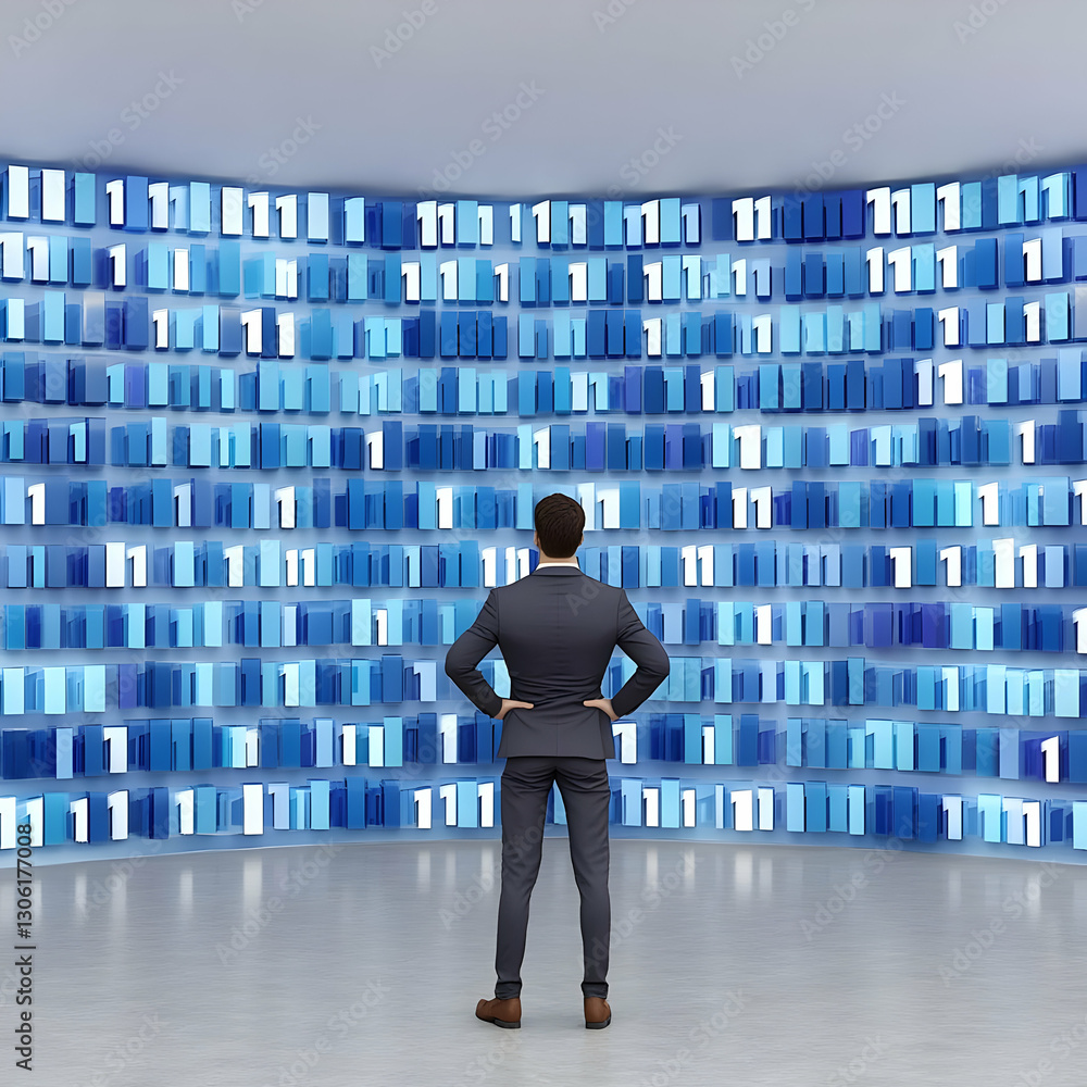 Aufkleber 3d illustration of a man in suit facing a blue binary code data wall