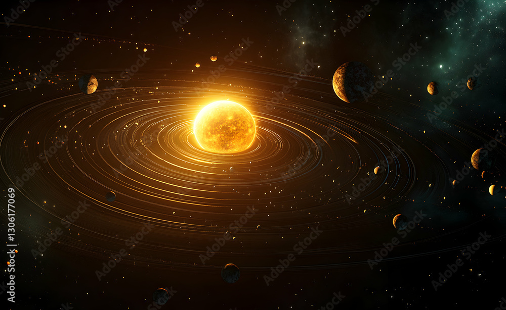 Poster a mesmerizing view of a distant planetary system with a bright star