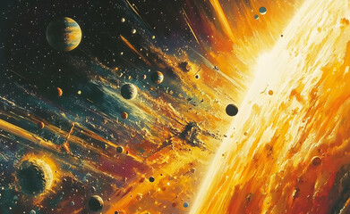 A Majestic view of a cosmic ballet, planets amidst space, and celestial bodies painting universe