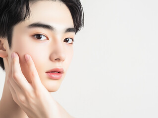 Fototapeta premium 頬に手を当てる若い日本人の男の子のバストアップのポートレート