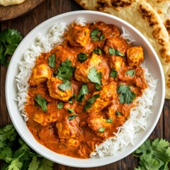 A savory and flavorful chicken tikka masala with tender pieces of chicken in a spiced tomato sauce, served over basmati rice, in a white bowl