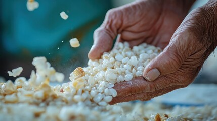 Hands sorting corn kernels, outdoor, rural setting, food preparation