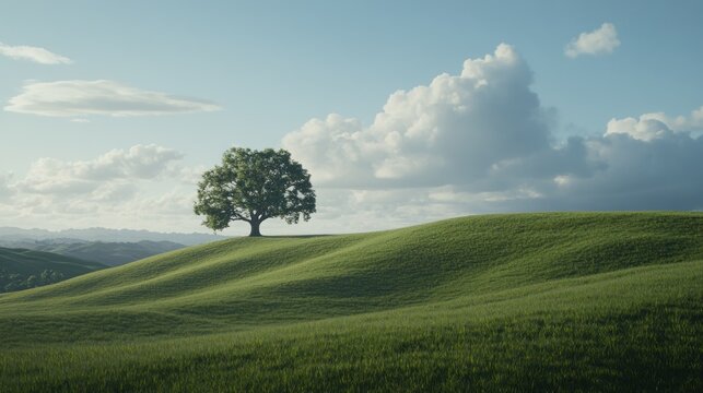Lonely tree on grassy hill, sunny day, rolling hills background, nature scene
