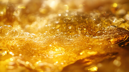 Golden elixir glistening surfaces creating abstract bubble textures illuminating liquid details
