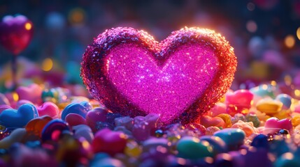 Obraz premium Glowing heart amidst colorful candy, bokeh background, Valentine's Day card