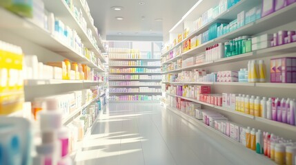 Bright pharmacy aisle, products on shelves, sunlight, healthcare