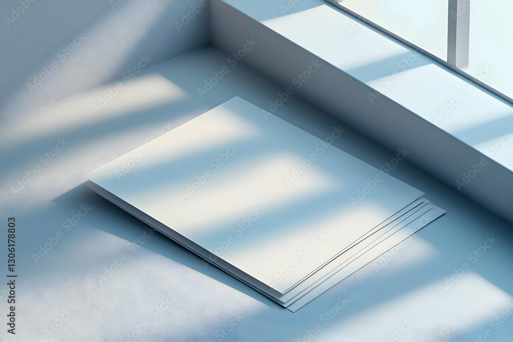 Aufkleber a4 paper sheets on clean surface with sunlight and shadow display mockup