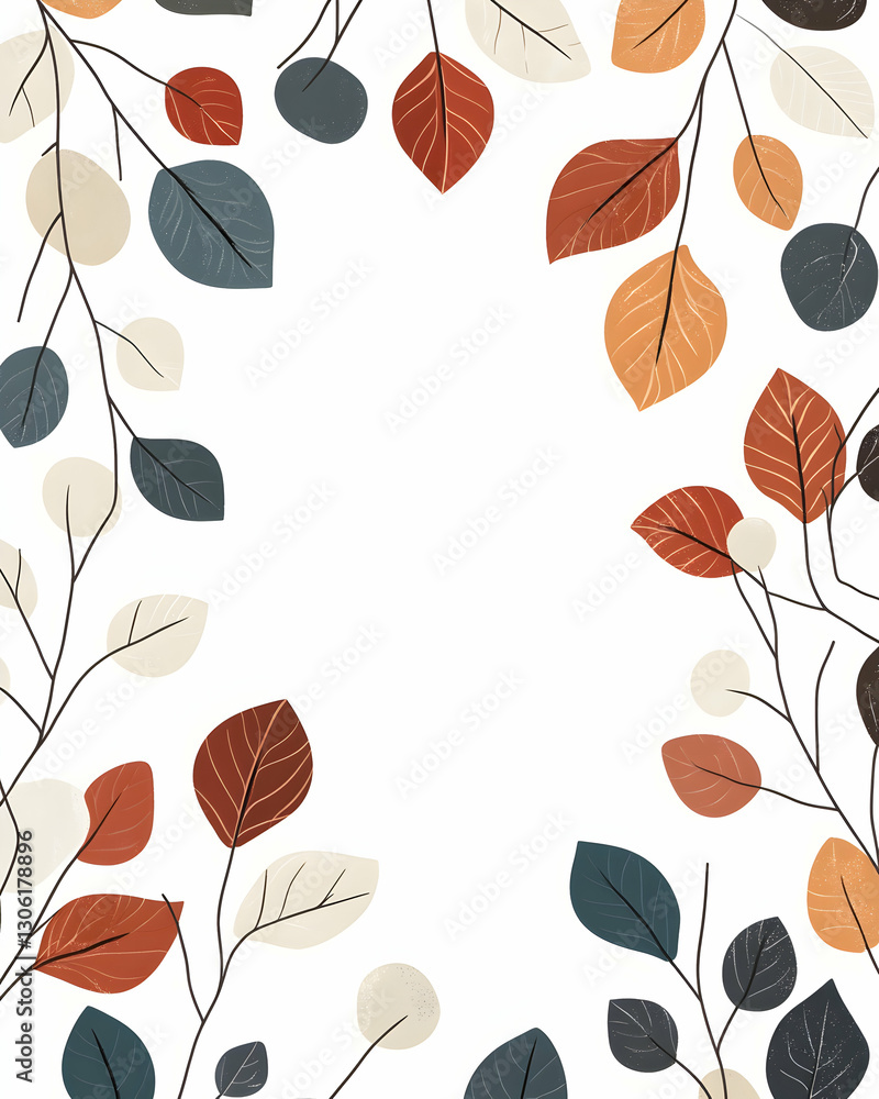 Poster abstract botanical frame with autumnal leaves and simple shapes design