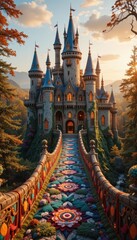 Majestic Fairytale Castle at Sunset with Vibrant Floral Bridge