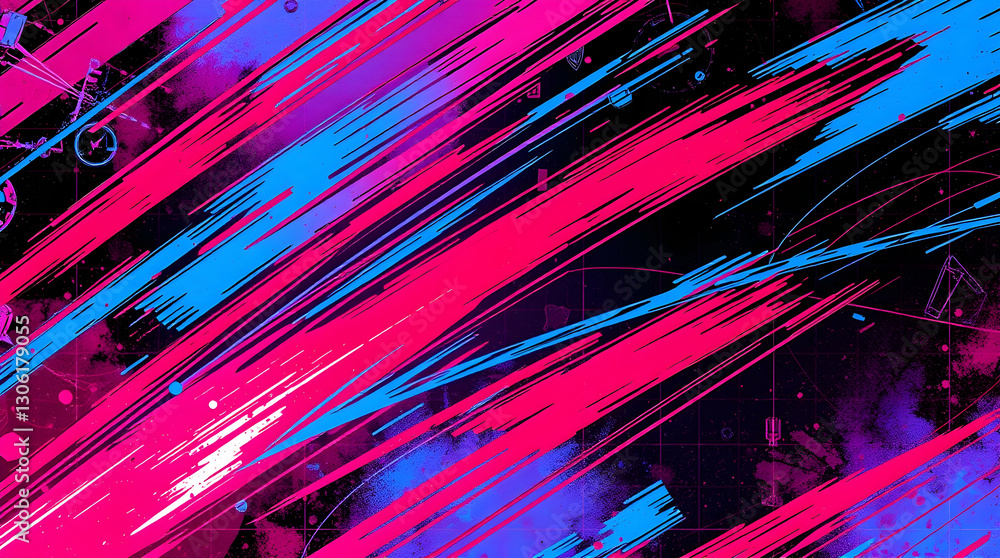 Poster an abstract image with diagonal streaks of pink and blue against a dark, textured background, creati