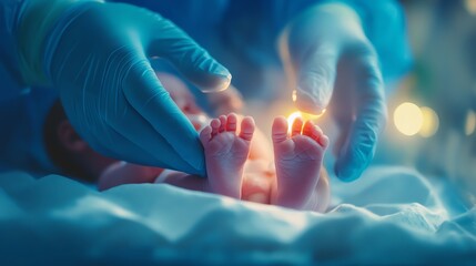 Newborn baby feet with hands in hospital setting