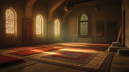 Sunlit Mosque Interior Prayer Rugs,  Sunlight,  Islamic Architecture,  Peaceful Atmosphere, Spiritual