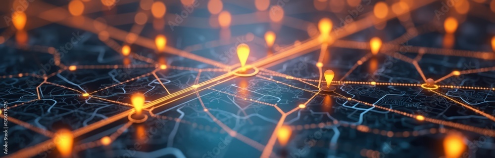 Aufkleber Digital map with glowing orange location pin pointers. Concept of ai gps navigation, delivery innovation, future transport, global logistics, shipment tracking, supply chain. Automation, efficiency